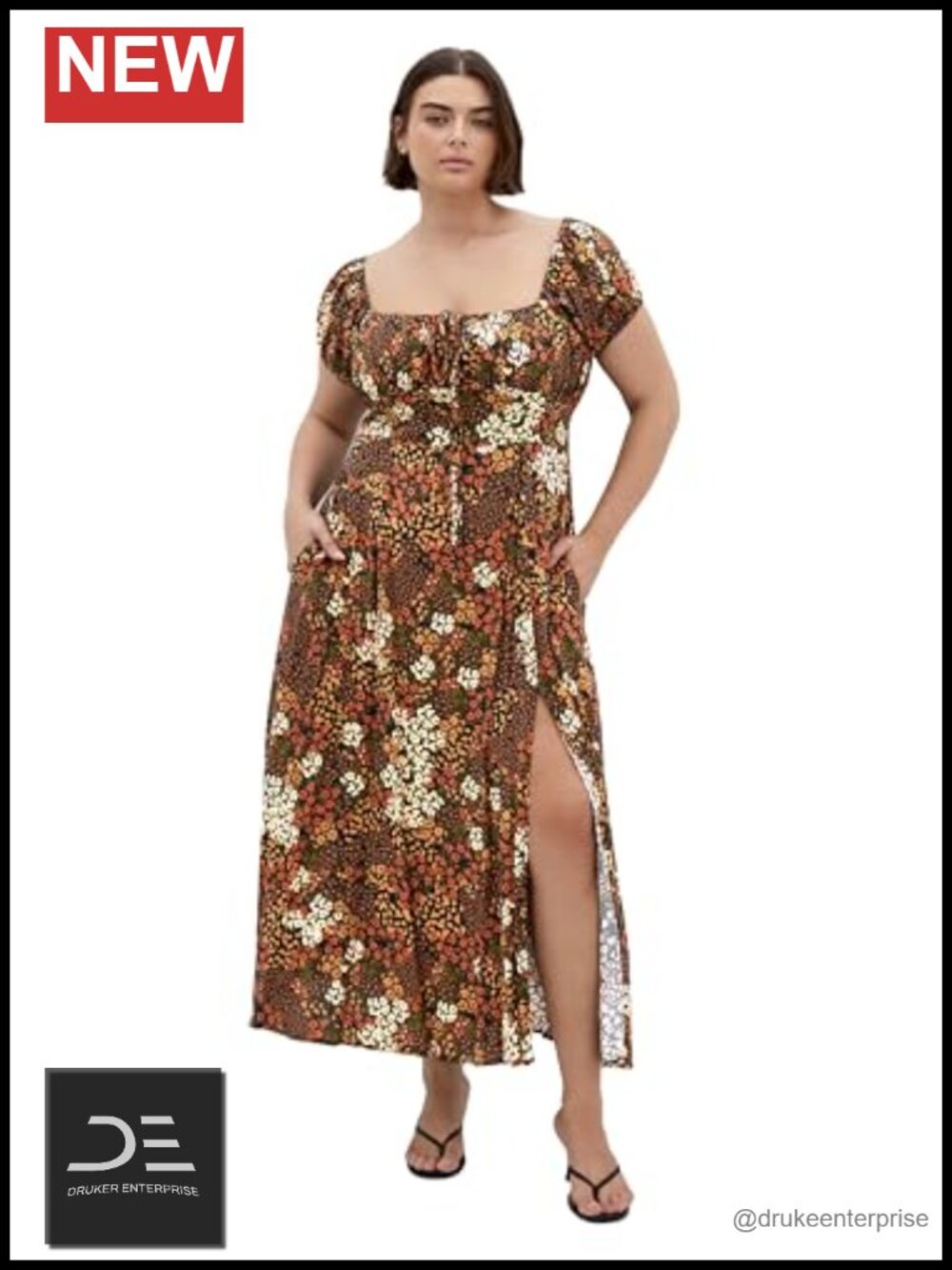 Plus Size Floral Maxi Dress Sweetheart Neck Side Split Pockets